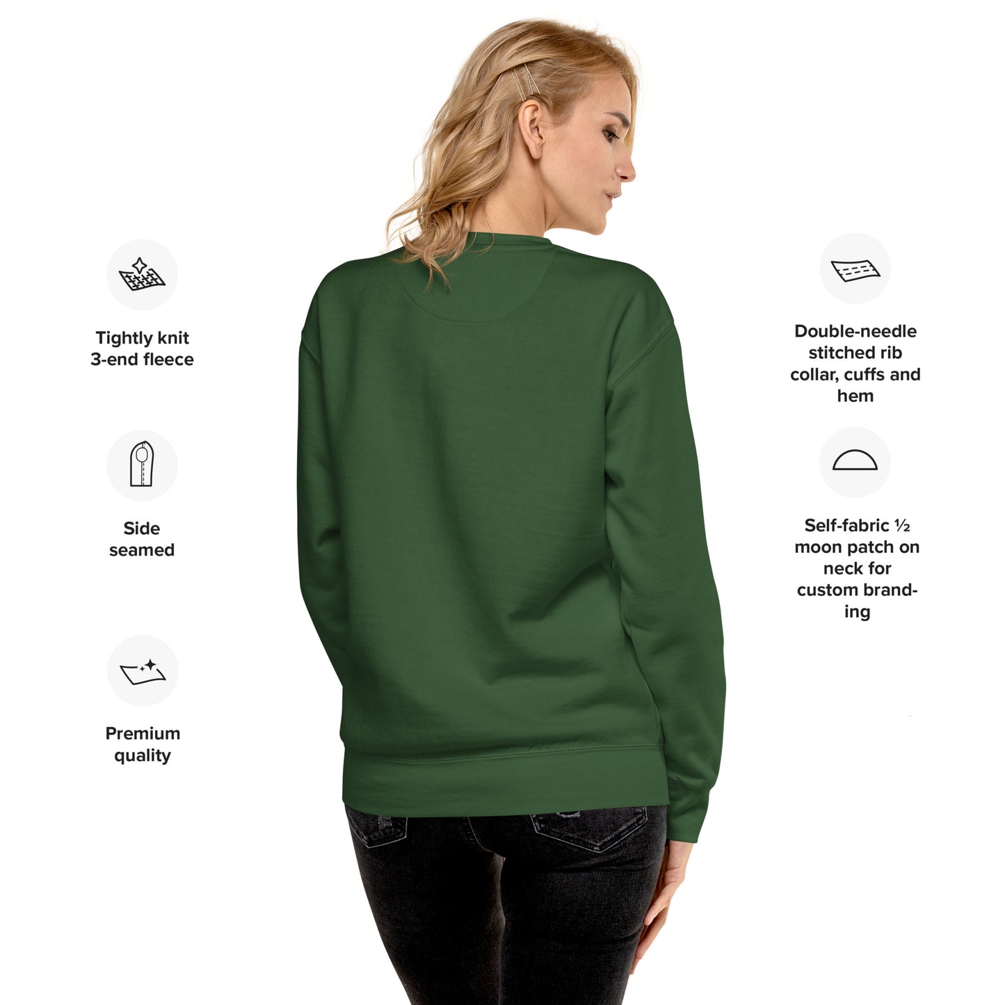 Green sweatshirt with text detailing features on a white background