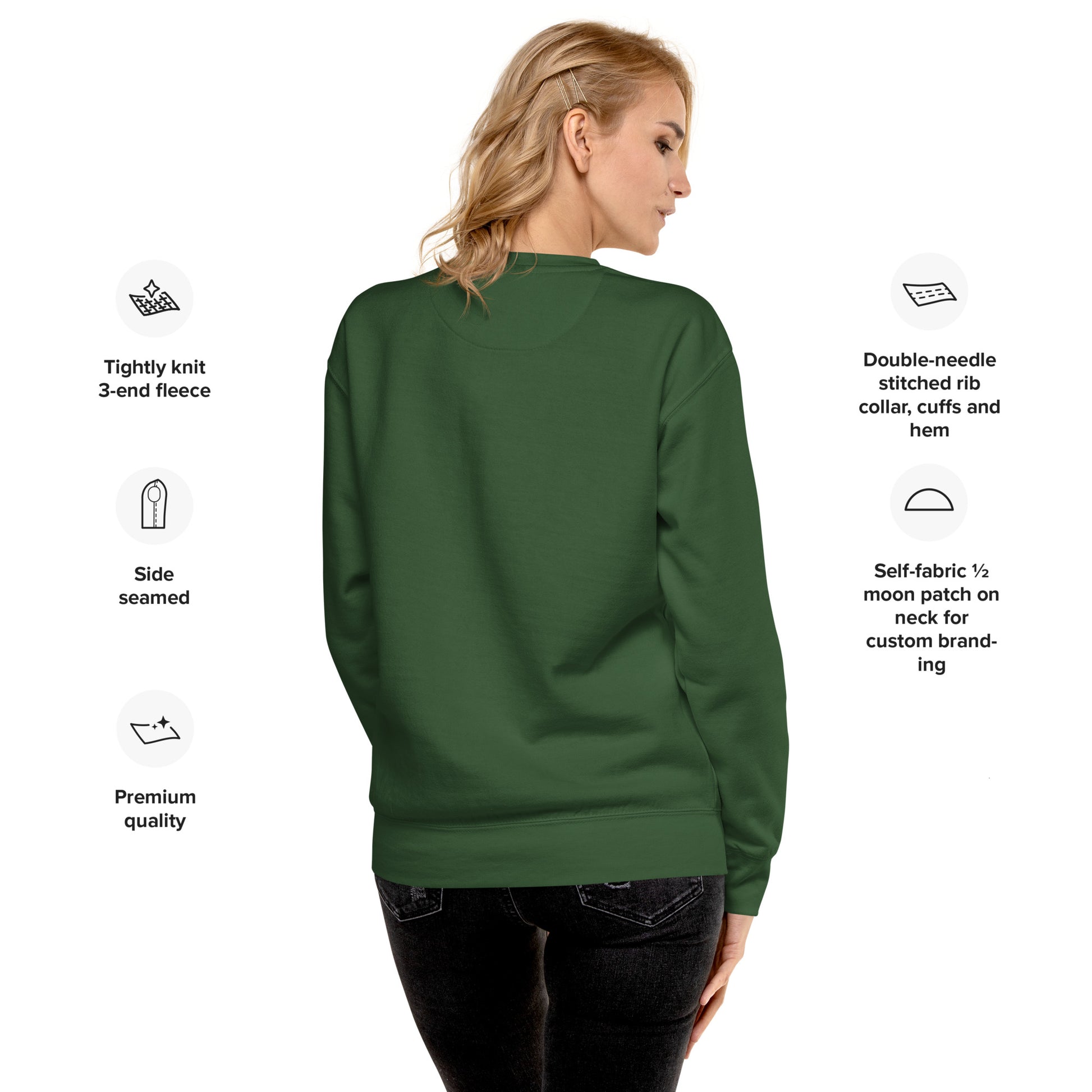 Green sweatshirt with text detailing features on a white background