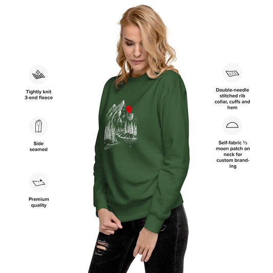 Green sweatshirt with a graphic design on a white background, featuring text about sweatshirt features.