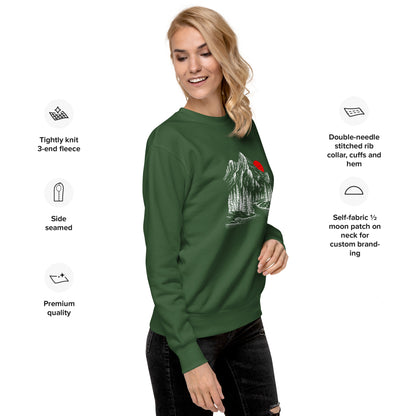 Woman wearing a green sweatshirt with a mountain sketch forest graphic, surrounded by text about sweatshirt features.