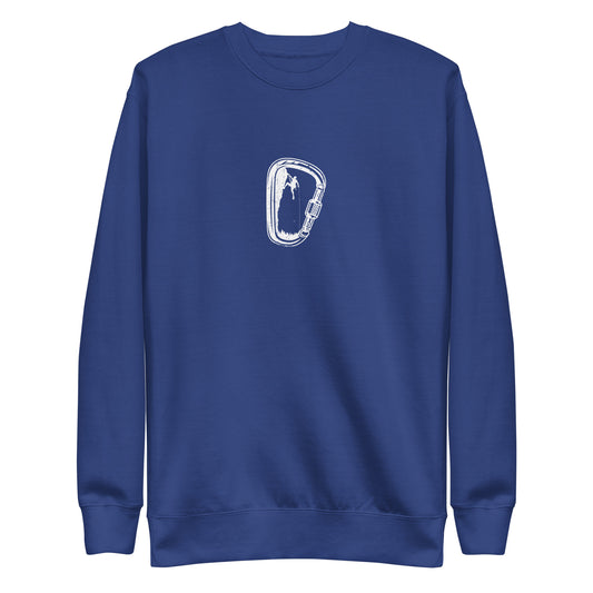 Unisex premium sweatshirt featuring a minimalist carabiner graphic, symbolizing strength and adventure. Ideal for climbing enthusiasts and outdoor lifestyle lovers.