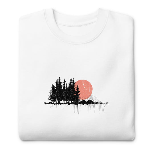 White sweatshirt with a graphic of trees and a red sun on a white background