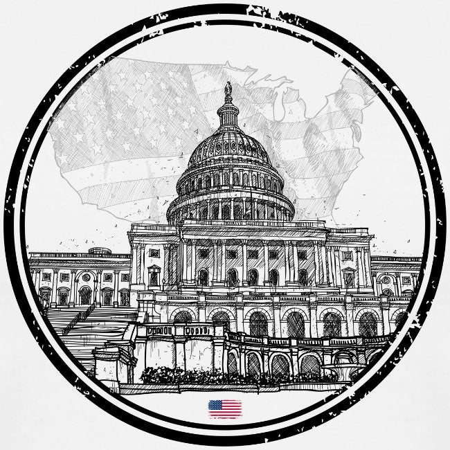 Black and white illustration of the U.S. Capitol building with a circular border.