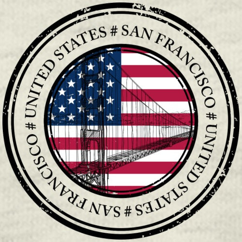 American flag with a bridge design inside a circular stamp-like border with text.