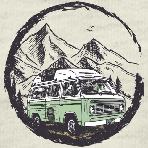 Illustration of a vintage van with mountains in the background