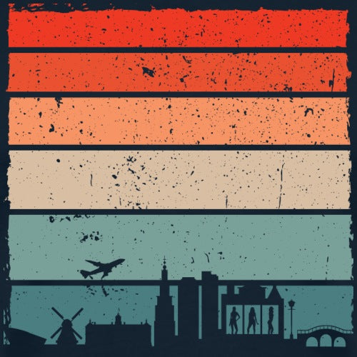 Colorful striped design with silhouette of a cityscape and airplane.