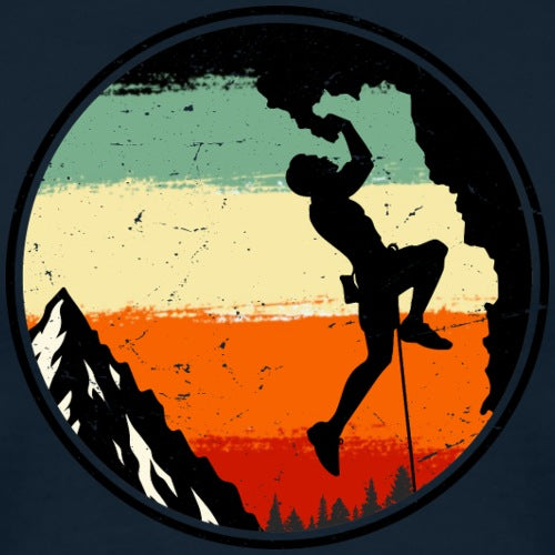 Vintage-style illustration of a climber on a mountain with a colorful background