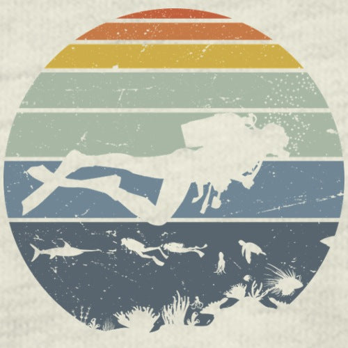 Vintage-style illustration of a diver and underwater scene with a colorful circular background.