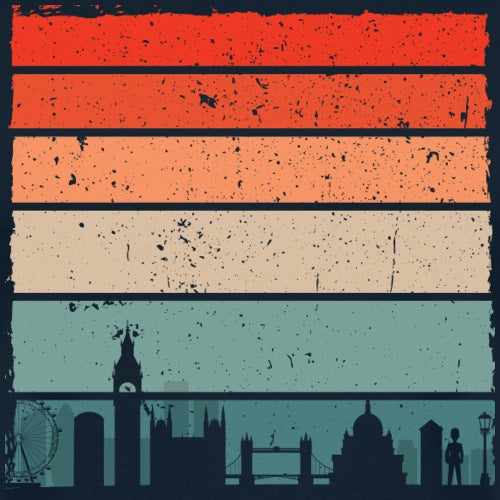 Colorful striped pattern with silhouette of London landmarks at the bottom