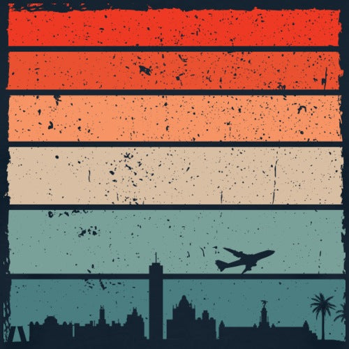 Vintage-style design with horizontal stripes in red, orange, beige, and blue, featuring a silhouette of an airplane and city skyline.