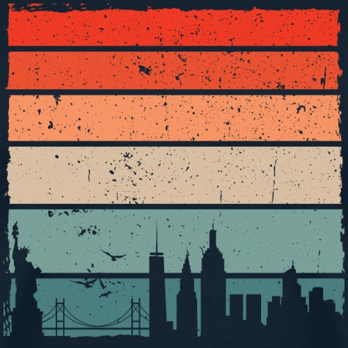 Vintage-style city skyline with iconic landmarks against a striped background.