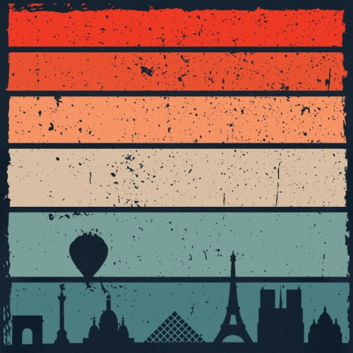 Colorful striped background with silhouette of landmarks