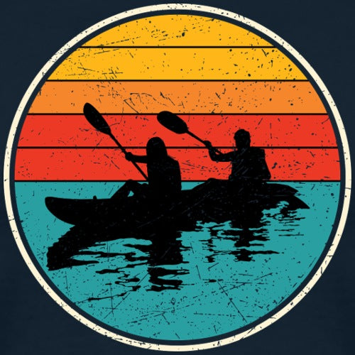 Two people kayaking with a colorful sunset background