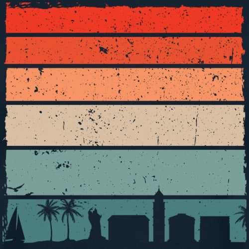 Colorful striped pattern with silhouette elements on a dark background