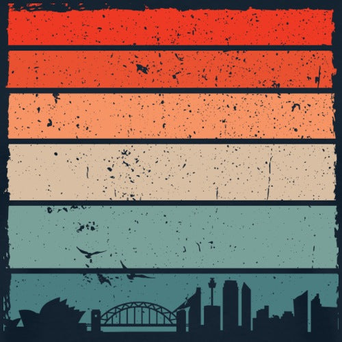 Colorful striped pattern with a city skyline silhouette at the bottom