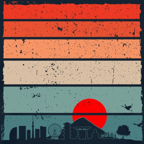 Colorful striped design with a silhouette of a cityscape and a red sun.