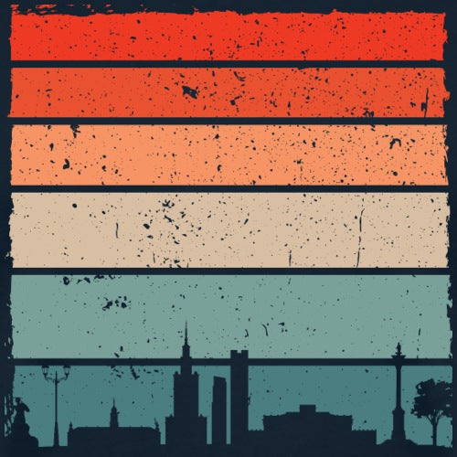 Colorful striped pattern with a city skyline silhouette at the bottom
