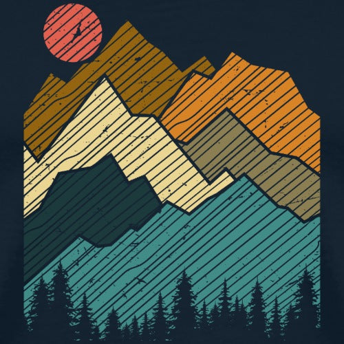 Colorful mountain illustration with a sun and trees on a dark background