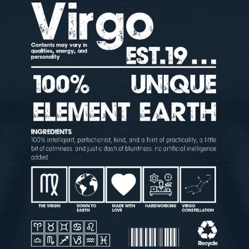 Product label with 'Virgo' branding and zodiac symbols on a dark background