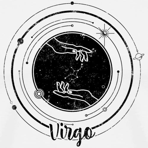 Zodiac sign of Virgo with astrological symbols and hands on a white background