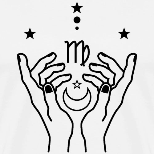 Outline of two hands holding a moon and star symbol with stars around on a white background
