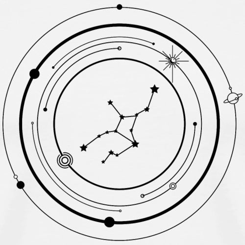 virgo zodiac diagram of a celestial body with concentric circles and stars on a white background
