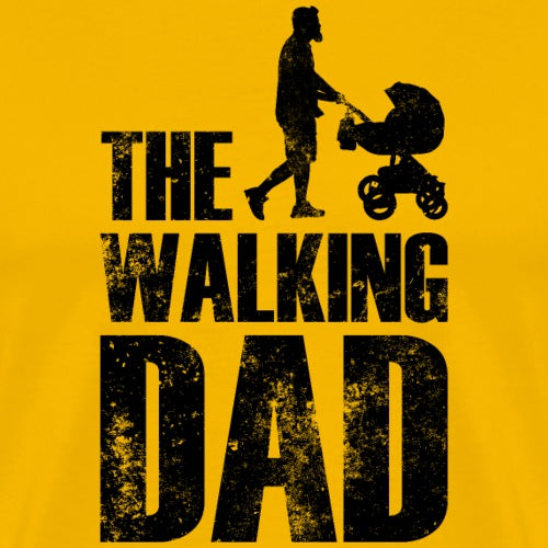 Yellow t-shirt with black silhouette of a man pushing a stroller and text 'THE WALKING DAD' on a yellow background.