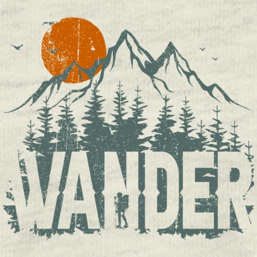 Mountain landscape with trees, sun, and the word 'Wander' on a textured background