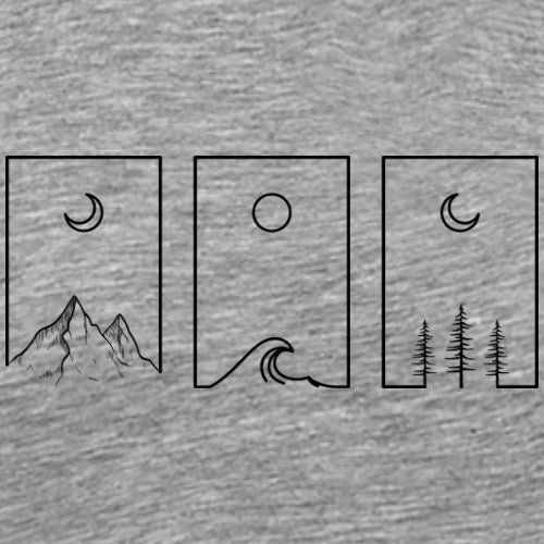 Simple line art of mountains, trees, and celestial bodies on a textured gray background