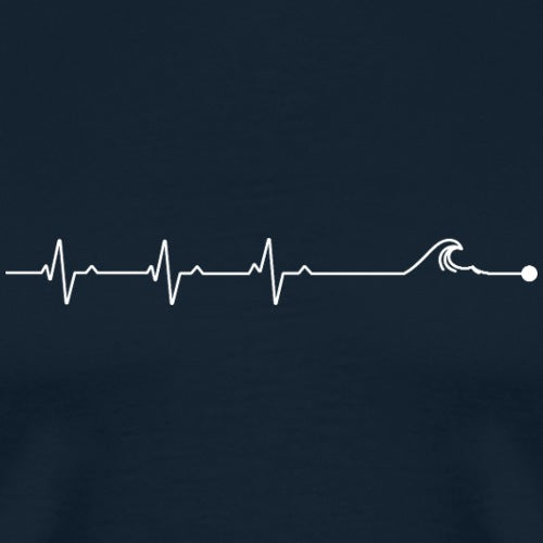 Heartbeat line with wave and sand dollar design on a navy background