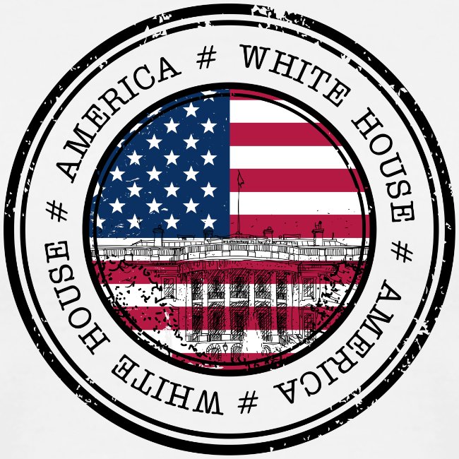 Circular design with American flag and White House silhouette, surrounded by '# America' and '# White House' text.