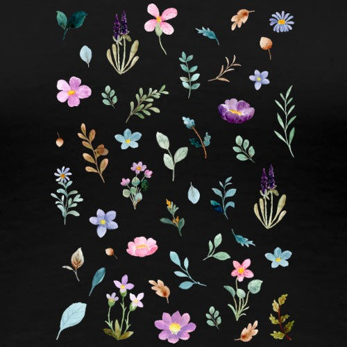 Colorful floral and leaf patterns on a black background