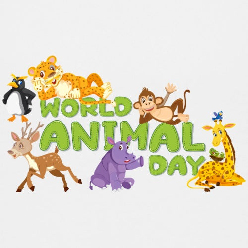 Cartoon animals around the text 'World Animal Day' on a white background
